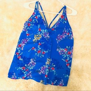 Strappy floral royal blue flower tank top blouse